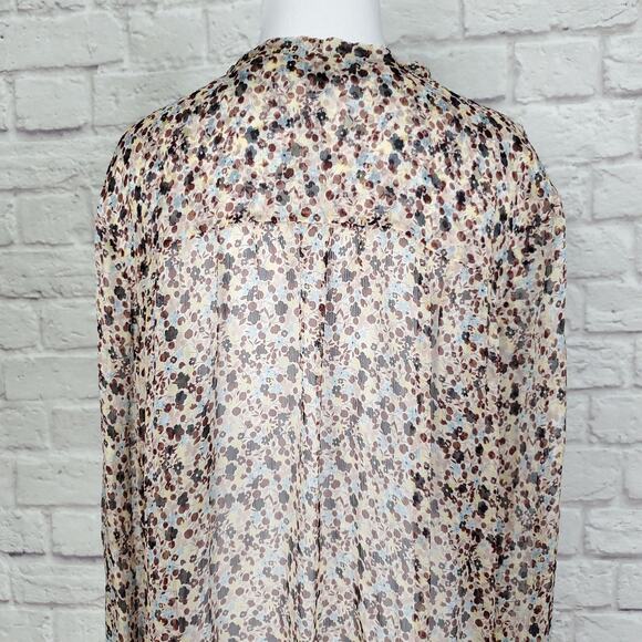 Theory Top Silk Bernetta Floral Crinkle Chiffon Tie Neck Sheer Long Sleeve Sz L - Picture 12 of 13